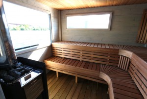Benches in heat-treated aspen and grey walls